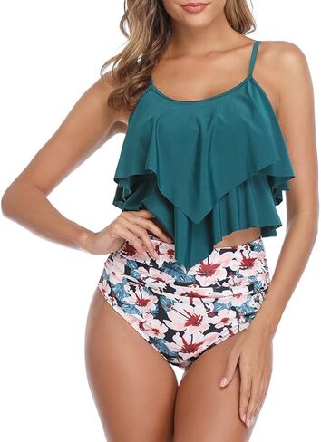 بدلة سباحة بيكيني VeMee للنساء بيكيني عالي الخصر مكون من قطعتين تانكيني مكشكش عالي الخصر in Kuwait