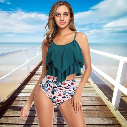 بدلة سباحة بيكيني VeMee للنساء بيكيني عالي الخصر مكون من قطعتين تانكيني مكشكش عالي الخصر in Kuwait