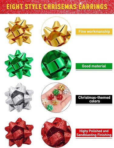 8 Pairs Christmas Bow Earrings Glitter Xmas Bow Stud Earrings Holiday Christmas Bow Multi Earring Set for Women in Saudi Arabia