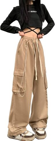 سراويل Linsennia Y2k للسيدات مع جيوب مريحة ومناسبة للشارع سراويل باراشوت واسعة الساق مع سلسلة للفتيات in Kuwait