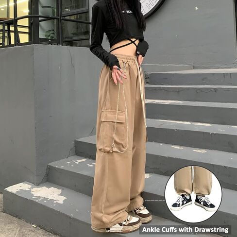 سراويل Linsennia Y2k للسيدات مع جيوب مريحة ومناسبة للشارع سراويل باراشوت واسعة الساق مع سلسلة للفتيات in Kuwait