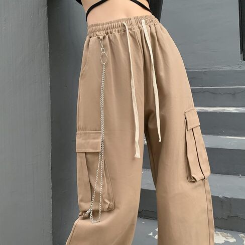 سراويل Linsennia Y2k للسيدات مع جيوب مريحة ومناسبة للشارع سراويل باراشوت واسعة الساق مع سلسلة للفتيات in Kuwait