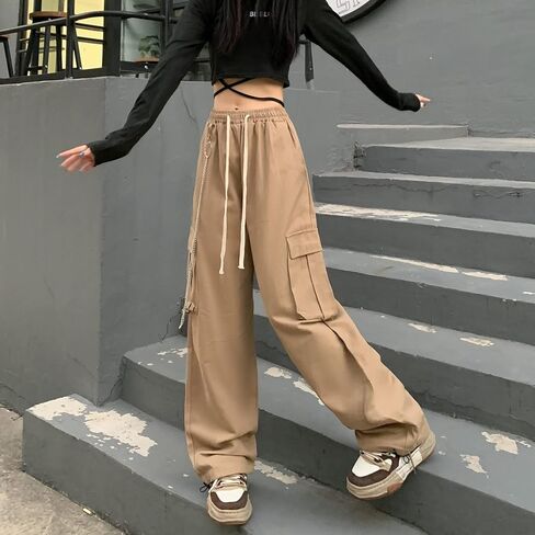 سراويل Linsennia Y2k للسيدات مع جيوب مريحة ومناسبة للشارع سراويل باراشوت واسعة الساق مع سلسلة للفتيات in Kuwait