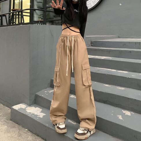 سراويل Linsennia Y2k للسيدات مع جيوب مريحة ومناسبة للشارع سراويل باراشوت واسعة الساق مع سلسلة للفتيات in Kuwait