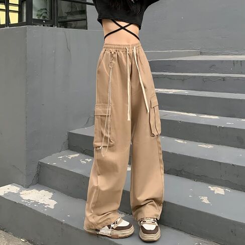 سراويل Linsennia Y2k للسيدات مع جيوب مريحة ومناسبة للشارع سراويل باراشوت واسعة الساق مع سلسلة للفتيات in Kuwait