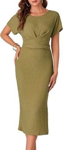 Umenlele Women's Twist Knot Side Split Hem Tie Waist Back Crewneck Short Sleeve Midi Pencil Dress in Saudi Arabia