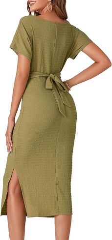 Umenlele Women's Twist Knot Side Split Hem Tie Waist Back Crewneck Short Sleeve Midi Pencil Dress in Saudi Arabia