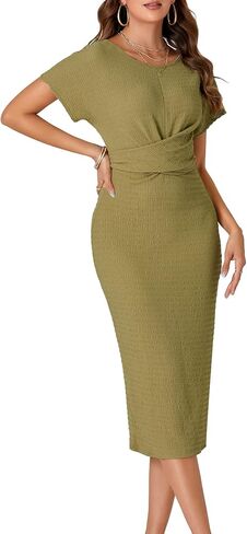 Umenlele Women's Twist Knot Side Split Hem Tie Waist Back Crewneck Short Sleeve Midi Pencil Dress in Saudi Arabia