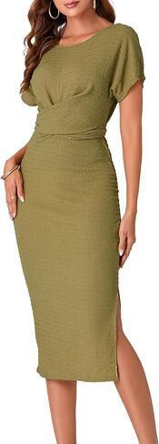 Umenlele Women's Twist Knot Side Split Hem Tie Waist Back Crewneck Short Sleeve Midi Pencil Dress in Saudi Arabia