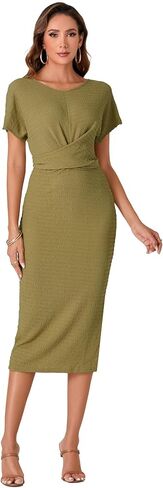Umenlele Women's Twist Knot Side Split Hem Tie Waist Back Crewneck Short Sleeve Midi Pencil Dress in Saudi Arabia