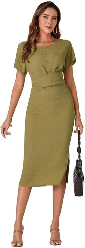 Umenlele Women's Twist Knot Side Split Hem Tie Waist Back Crewneck Short Sleeve Midi Pencil Dress in Saudi Arabia