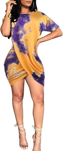Ophestin Women's Short Sleeve Wrap Mini Dress Solid Color Summer Bodycon Tight Ruched T Shirt Mini Short Dresses in Kuwait
