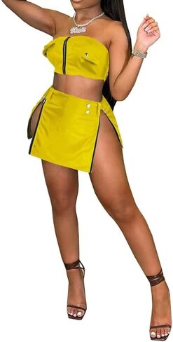 Aotasely Women's 2 Piece Zipper Faux Leather Dresses Sexy Bodycon Tube Crop Top Mini Skirt Sets with Metal Button Belt in Kuwait