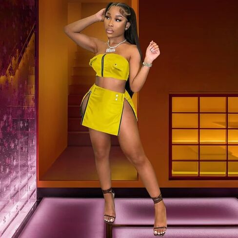 Aotasely Women's 2 Piece Zipper Faux Leather Dresses Sexy Bodycon Tube Crop Top Mini Skirt Sets with Metal Button Belt in Kuwait