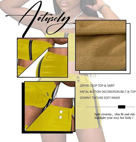 Aotasely Women's 2 Piece Zipper Faux Leather Dresses Sexy Bodycon Tube Crop Top Mini Skirt Sets with Metal Button Belt in Kuwait