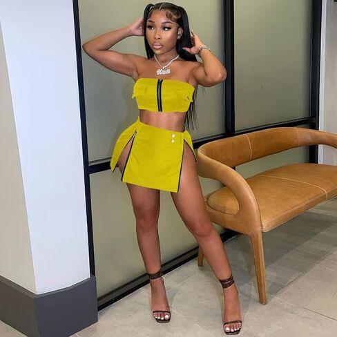 Aotasely Women's 2 Piece Zipper Faux Leather Dresses Sexy Bodycon Tube Crop Top Mini Skirt Sets with Metal Button Belt in Kuwait