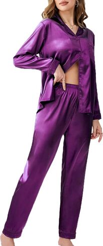 FENTENG Womens Silky Satin Pajamas Set Long Sleeve Sleepwear Soft Button Down Loungewear Silk Pjs Top with Pants in Kuwait