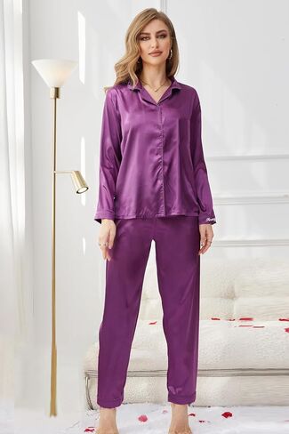 FENTENG Womens Silky Satin Pajamas Set Long Sleeve Sleepwear Soft Button Down Loungewear Silk Pjs Top with Pants in Kuwait