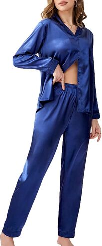 FENTENG Womens Silky Satin Pajamas Set Long Sleeve Sleepwear Soft Button Down Loungewear Silk Pjs Top with Pants in Kuwait