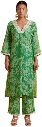 مجموعة كورتا ذا لوم مع بنطال للنساء/البنات 3/4 أكمام جرس ورقبة على شكل حرف V مطبوعة سترة عرقية هندية علوية كورتي مسحوق وردي وأحمر in Kuwait