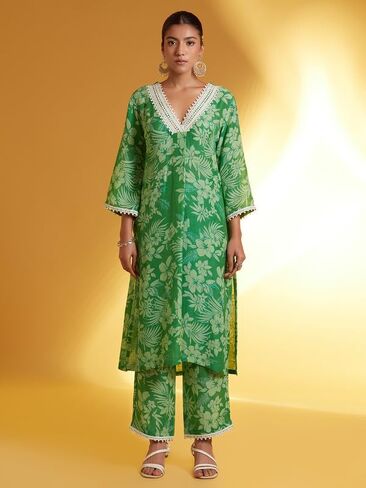 مجموعة كورتا ذا لوم مع بنطال للنساء/البنات 3/4 أكمام جرس ورقبة على شكل حرف V مطبوعة سترة عرقية هندية علوية كورتي مسحوق وردي وأحمر in Kuwait