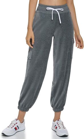 Tommy Hilfiger Women's Velour Fabric Cargo Pockets Jogger Rib Waistband with Drawcord Ghost Debossed Logo Taping in Saudi Arabia