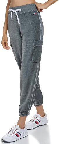 Tommy Hilfiger Women's Velour Fabric Cargo Pockets Jogger Rib Waistband with Drawcord Ghost Debossed Logo Taping in Saudi Arabia