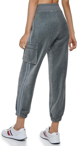 Tommy Hilfiger Women's Velour Fabric Cargo Pockets Jogger Rib Waistband with Drawcord Ghost Debossed Logo Taping in Saudi Arabia