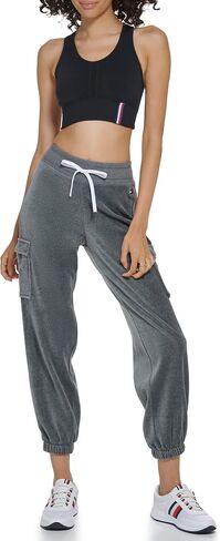 Tommy Hilfiger Women's Velour Fabric Cargo Pockets Jogger Rib Waistband with Drawcord Ghost Debossed Logo Taping in Saudi Arabia
