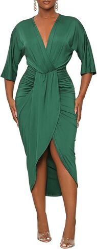 فستان نسائي أنيق من NADIA FRACA بأكمام قصيرة وفتحة رقبة على شكل V فستان طويل مكشكش وفتحة أمامية مكشكشة فستان متوسط ​​الطول بثنيات in Kuwait