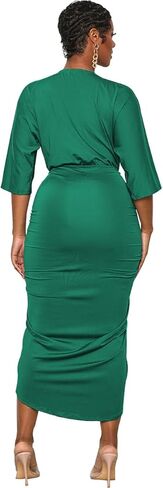 فستان نسائي أنيق من NADIA FRACA بأكمام قصيرة وفتحة رقبة على شكل V فستان طويل مكشكش وفتحة أمامية مكشكشة فستان متوسط ​​الطول بثنيات in Kuwait