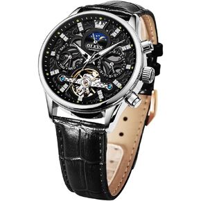 OLEVS Men Skeleton Watch Automatic Mechanical Dress Casual Brown Black Leather Moon Phase Luminous Waterproof Wrist Watches
