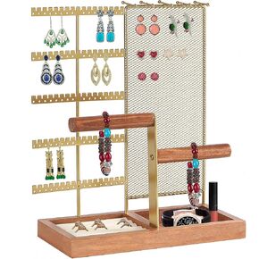 دمكفلاي حامل منظم مجوهرات قابل للازالة، حامل عقد من 7 طبقات مع شبكة تنظيم الاقراط، منظم حامل مجوهرات على شكل شجرة مع 80 فتحة وقضيب يدوي خشبي للاساور والساعات والخواتم، ذهبي in Kuwait