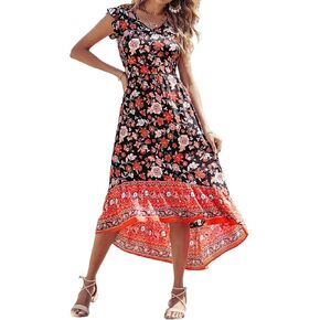 PRETTYGARDEN Women's Summer Maxi Dress Casual Floral V Neck Cap Sleeves Boho High Low Flowy Midi Long Sun Dresses in Kuwait