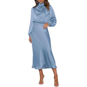 Duigluw المرأة الساتان كم طويل الرقبة وهمية مرونة عالية الخصر الحرير Bodycon ميدي فستان الزفاف فساتين لحفلات الكوكتيل الرسمية in Kuwait