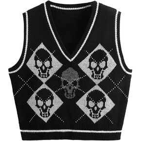 jinghuiyue Women's Sleeveless Sweater Vest Halloween Skull Printed Knit Vest V Neck Crop Pullover Knitwear Tank Tops