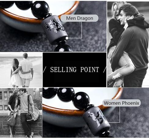 SX Commerce Natural Obsidian Stone Bead Bracelet Couple Men 10mm and Women 8mm Dragon and Phoenix Totem Jewelry in Kuwait