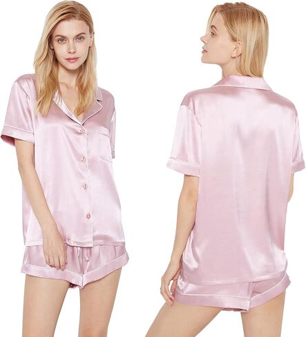 بيجامة حريرية من SIORO للنساء، طقم بيجامة من الساتان بأكمام قصيرة وأزرار سفلية، مجموعات بيجامات ناعمة، مقاس صغير ~ X-Large in Kuwait