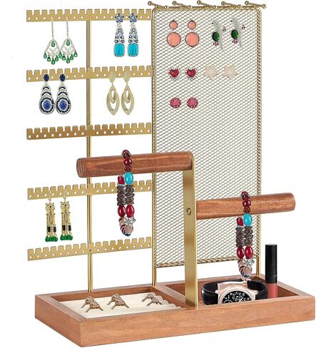 دمكفلاي حامل منظم مجوهرات قابل للازالة، حامل عقد من 7 طبقات مع شبكة تنظيم الاقراط، منظم حامل مجوهرات على شكل شجرة مع 80 فتحة وقضيب يدوي خشبي للاساور والساعات والخواتم، ذهبي in Kuwait