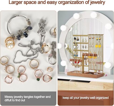 دمكفلاي حامل منظم مجوهرات قابل للازالة، حامل عقد من 7 طبقات مع شبكة تنظيم الاقراط، منظم حامل مجوهرات على شكل شجرة مع 80 فتحة وقضيب يدوي خشبي للاساور والساعات والخواتم، ذهبي in Kuwait