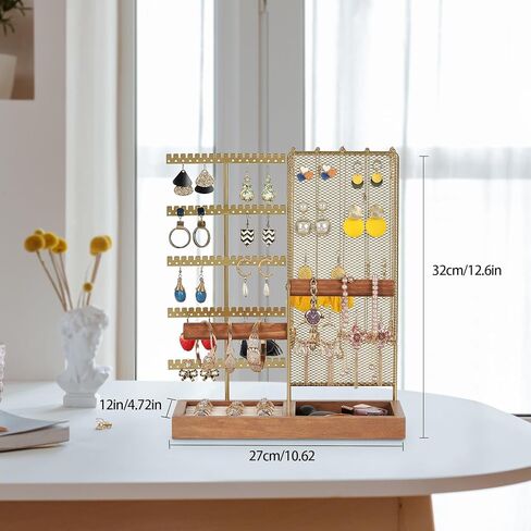 دمكفلاي حامل منظم مجوهرات قابل للازالة، حامل عقد من 7 طبقات مع شبكة تنظيم الاقراط، منظم حامل مجوهرات على شكل شجرة مع 80 فتحة وقضيب يدوي خشبي للاساور والساعات والخواتم، ذهبي in Kuwait