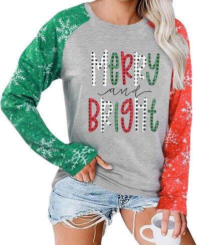 عيد الميلاد البلوز المرأة مرح ومشرق طباعة طويلة الأكمام قميص عيد ميلاد سعيد Crewneck البلوز الأعلى in Kuwait