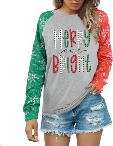 عيد الميلاد البلوز المرأة مرح ومشرق طباعة طويلة الأكمام قميص عيد ميلاد سعيد Crewneck البلوز الأعلى in Kuwait