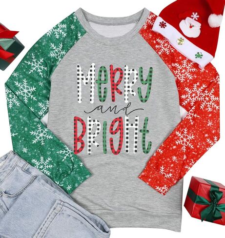 عيد الميلاد البلوز المرأة مرح ومشرق طباعة طويلة الأكمام قميص عيد ميلاد سعيد Crewneck البلوز الأعلى in Kuwait