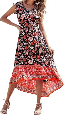 PRETTYGARDEN Women's Summer Maxi Dress Casual Floral V Neck Cap Sleeves Boho High Low Flowy Midi Long Sun Dresses in Kuwait