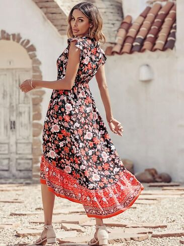 PRETTYGARDEN Women's Summer Maxi Dress Casual Floral V Neck Cap Sleeves Boho High Low Flowy Midi Long Sun Dresses in Kuwait