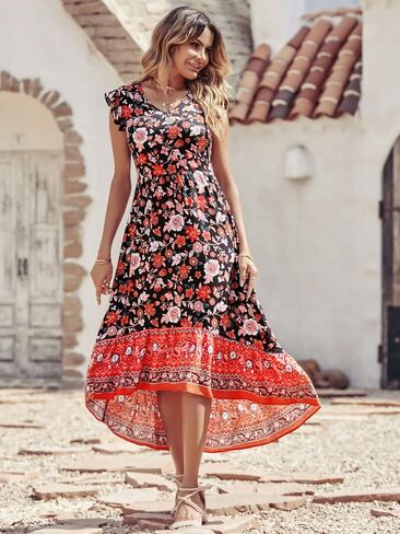 PRETTYGARDEN Women's Summer Maxi Dress Casual Floral V Neck Cap Sleeves Boho High Low Flowy Midi Long Sun Dresses in Kuwait