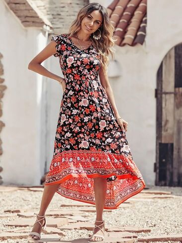 PRETTYGARDEN Women's Summer Maxi Dress Casual Floral V Neck Cap Sleeves Boho High Low Flowy Midi Long Sun Dresses in Kuwait