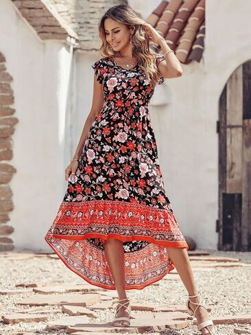 PRETTYGARDEN Women's Summer Maxi Dress Casual Floral V Neck Cap Sleeves Boho High Low Flowy Midi Long Sun Dresses in Kuwait