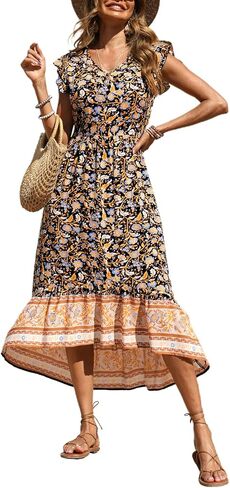 فستان نسائي صيفي طويل من PRETTYGARDEN كاجوال مزين بالزهور ورقبة على شكل V وأكمام قصيرة بوهو عالي ومنخفض متوسط ​​الطول فساتين طويلة للشمس in Kuwait